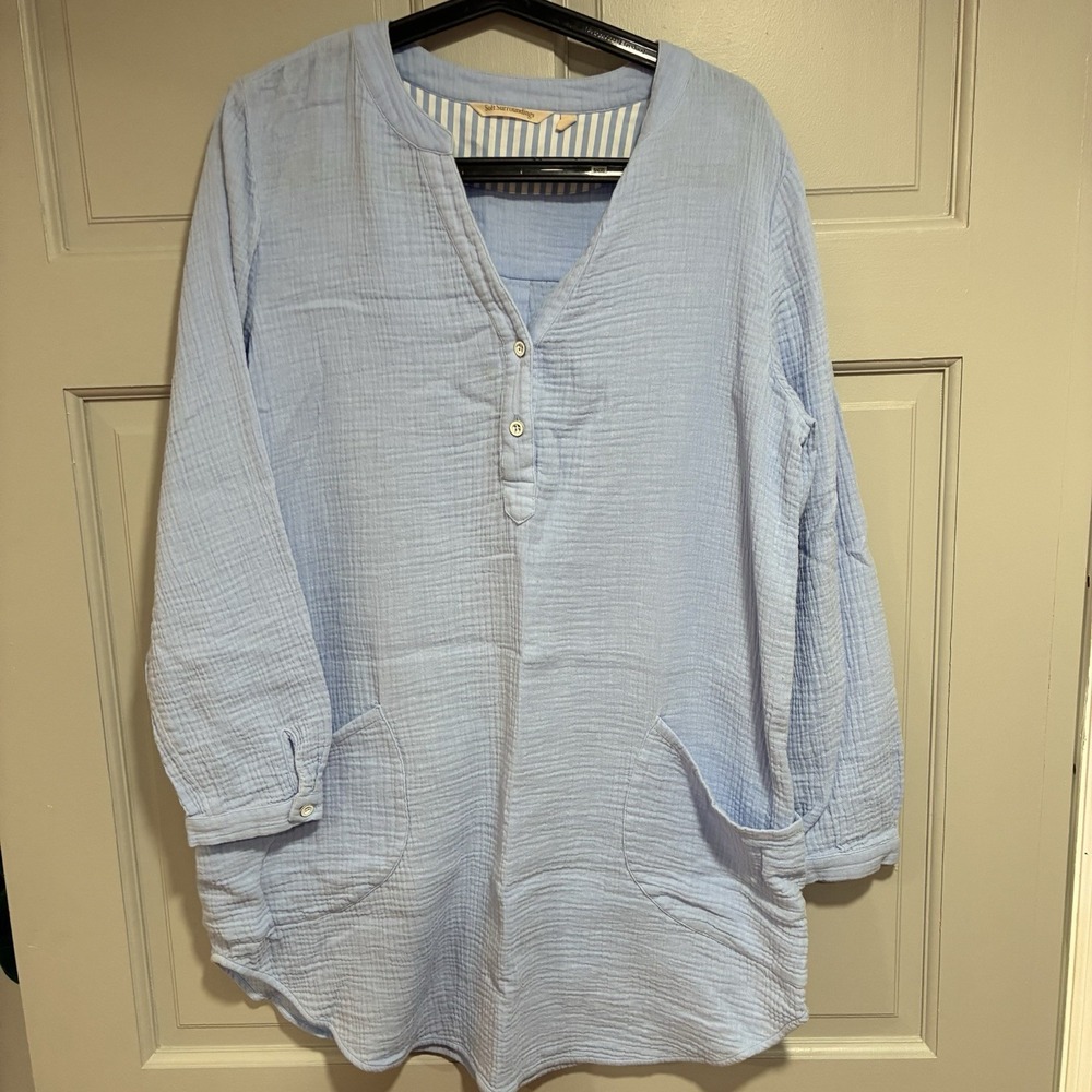 Soft Surroundings Blue Cotton Gauze Women Tunic Top Long Sleeve Pockets Medium